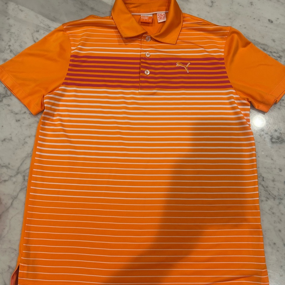 Boys Large Puma Orange Golf Polo with White and Maroon Stripes. Dry Cell tech